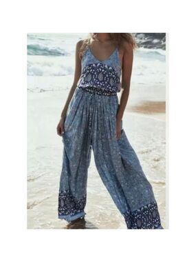 JAASE Wave Sapphire Print Jumpsuit Blue Purple Paisley Boho Hippie Wide Leg L